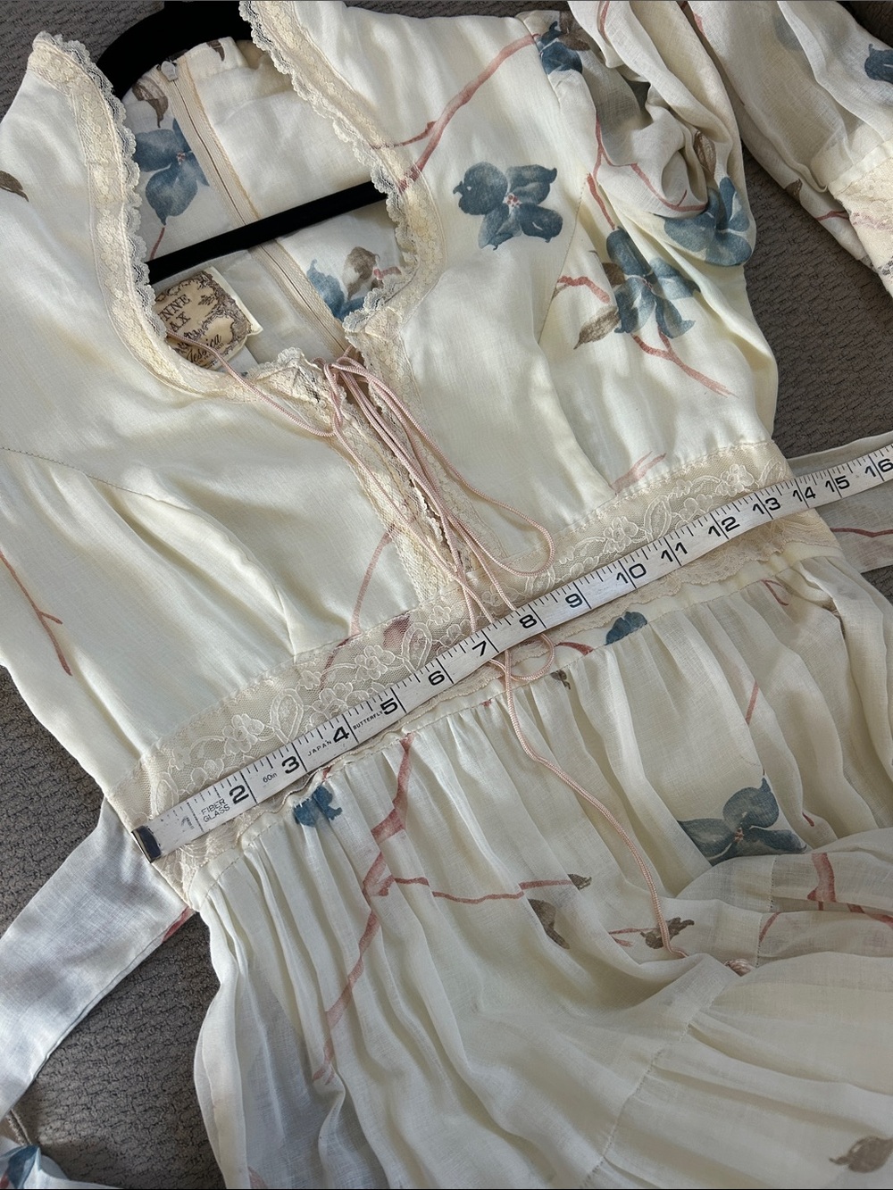 70’s Gunne Sax floral Dogwood print maxi bishop sleeve cream Sz Xs-Small - Picture 15 of 16